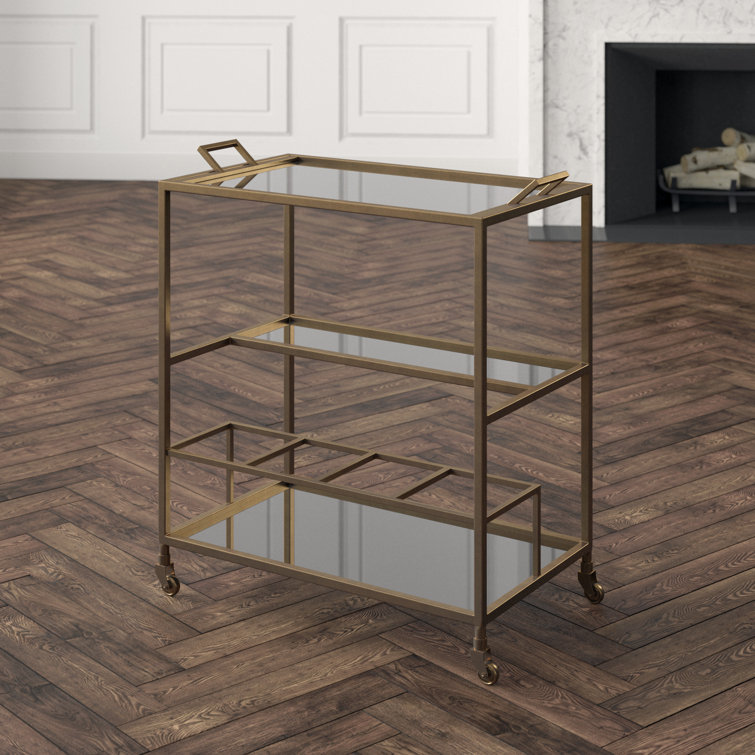 Jak 36" Antiqued Brass and Black Glass Bar Cart with Storage