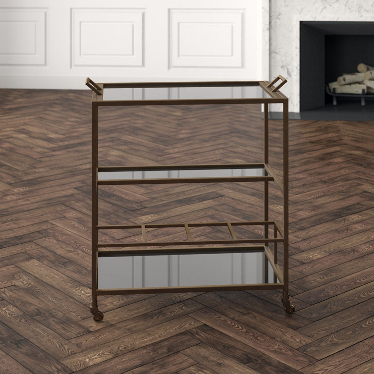 Jak 36" Antiqued Brass and Black Glass Bar Cart with Storage