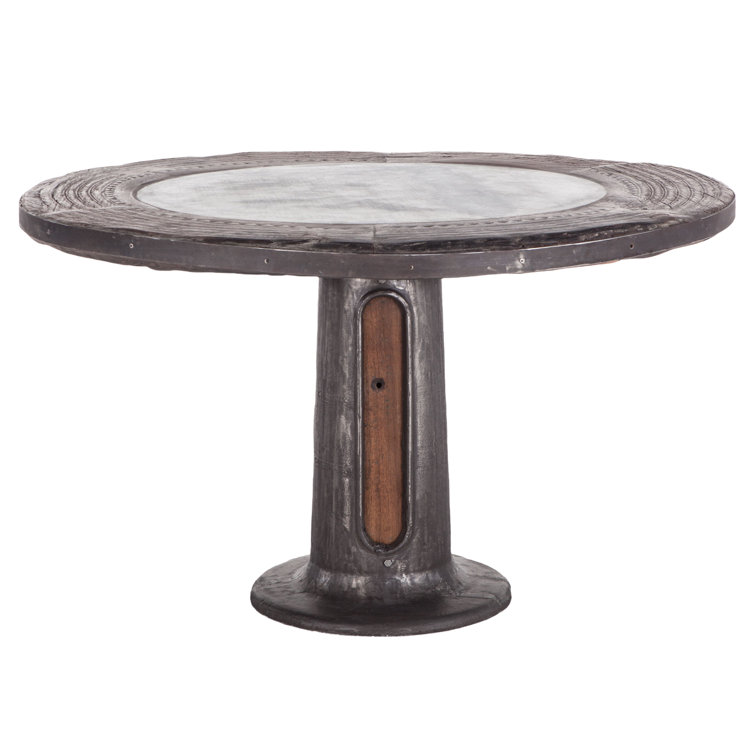Industrial Round Dining Table with Marble and Reclaimed Teak Wood