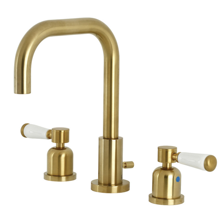 Brushed Brass Widespread Bathroom Faucet with Porcelain Handles