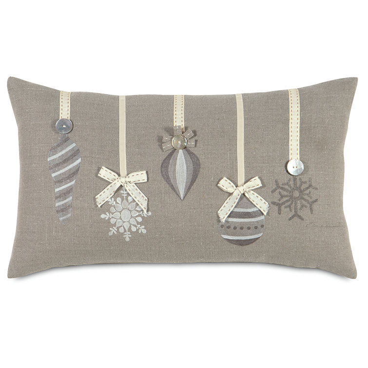Festive Linen Lumbar Pillow with Appliqued Ornaments