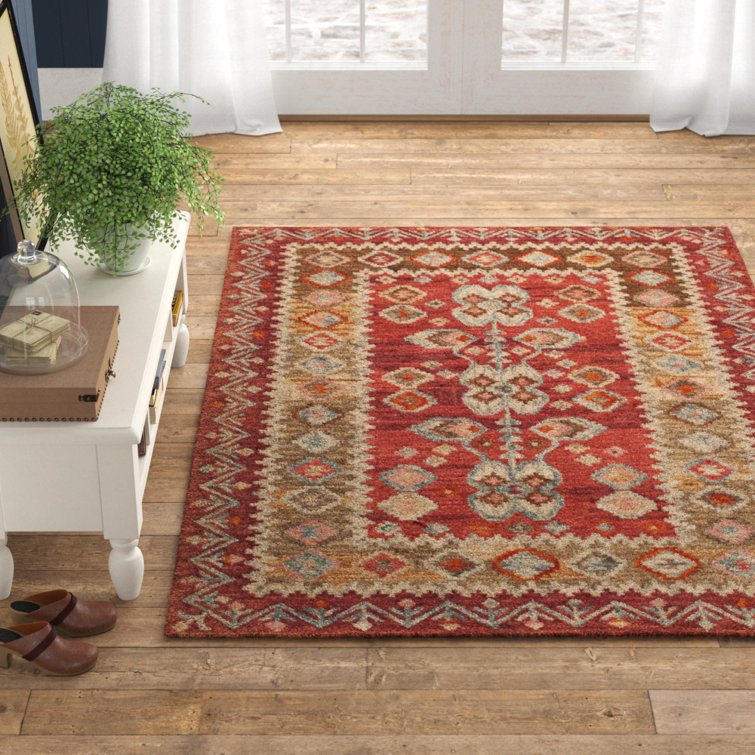 Hand-Tufted Red and Beige Wool Rectangular Rug 2' x 3'