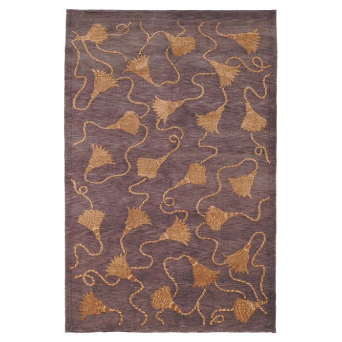 Plum and Gold Geometric Hand-Knotted Wool Silk 9' x 12' Area Rug