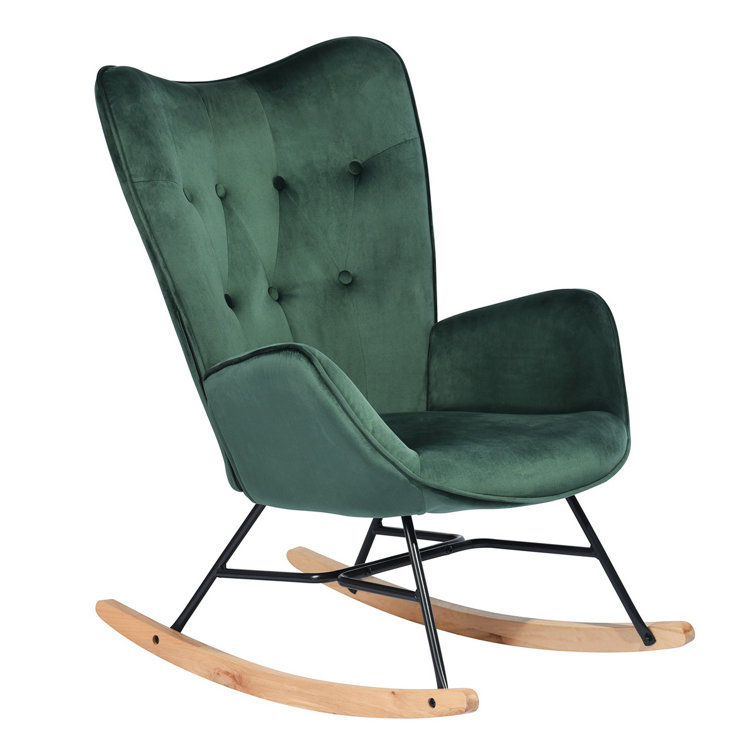 Forest Green Velvet Mid-Century Modern Rocking Chair