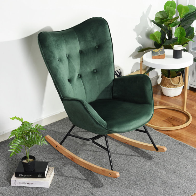 Forest Green Velvet Mid-Century Modern Rocking Chair