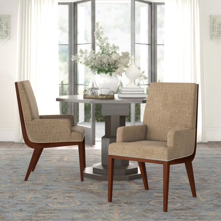Elegant Taupe Linen Upholstered Arm Chair with Hazelnut Wood Finish