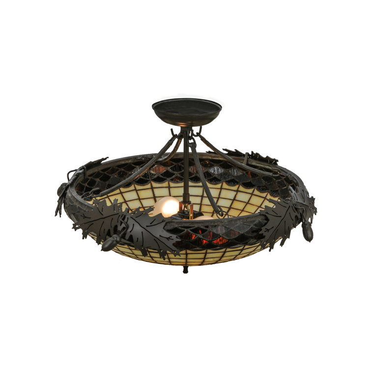 22" Bronze Glass Semi-Flush Mount with Oak Leaf Accents