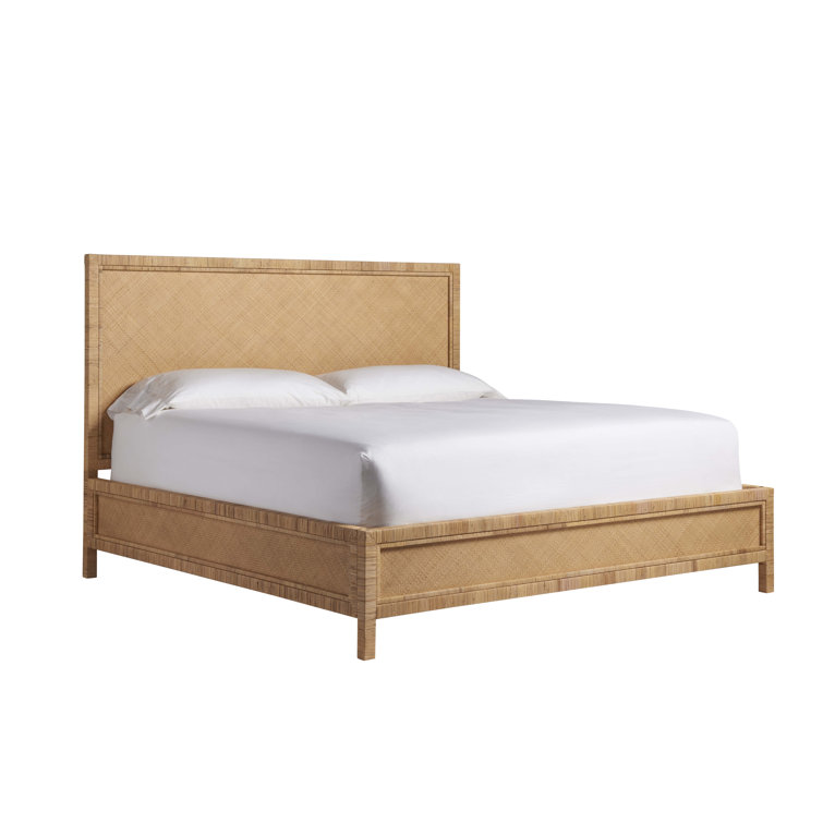Coastal Brown Rattan Queen Panel Bed with Upholstered Headboard