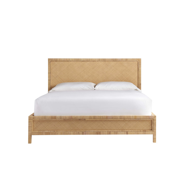 Coastal Brown Rattan Queen Panel Bed with Upholstered Headboard