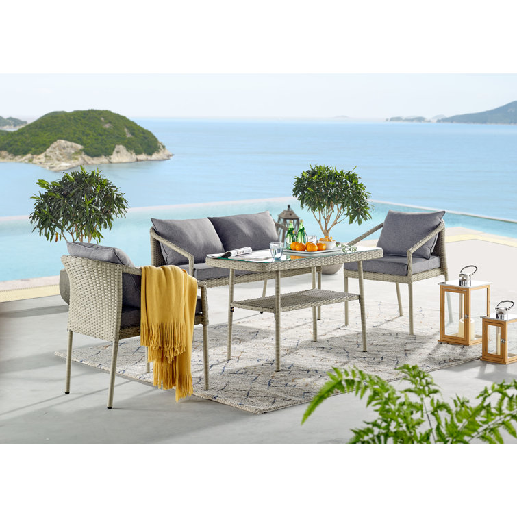 Light Gray All-Weather Wicker Outdoor Cocktail Table with Glass Top