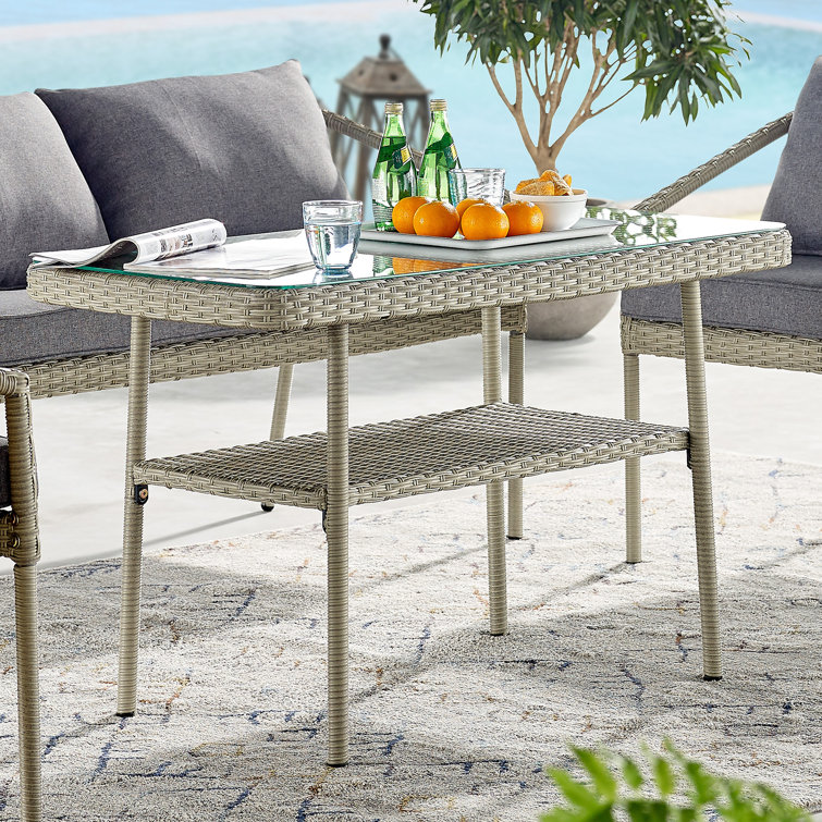 Light Gray All-Weather Wicker Outdoor Cocktail Table with Glass Top