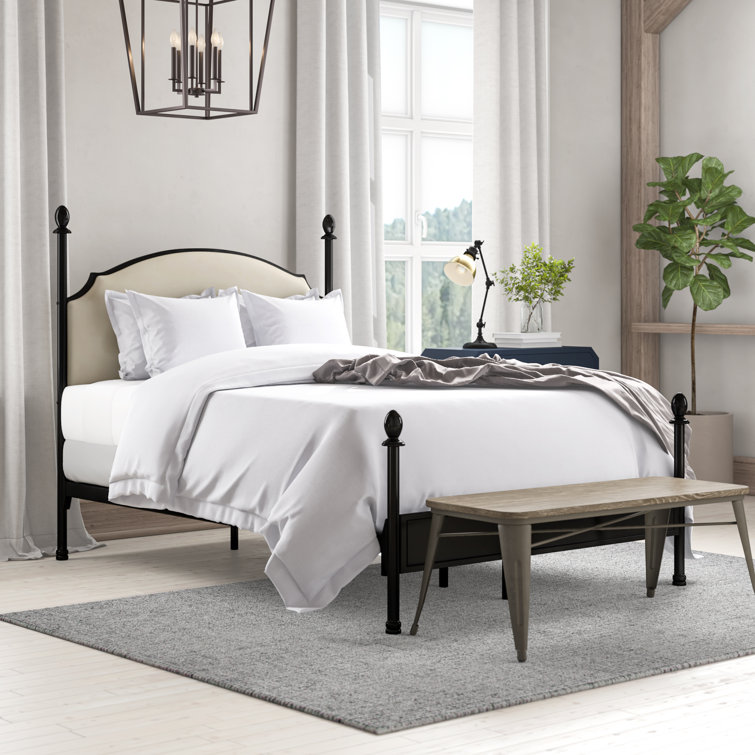 King Gunmetal Metal Four-Poster Bed with Cushioned Headboard