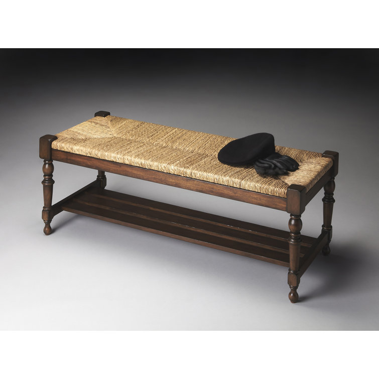 Mahogany Woven Seat Bench with Storage Shelf