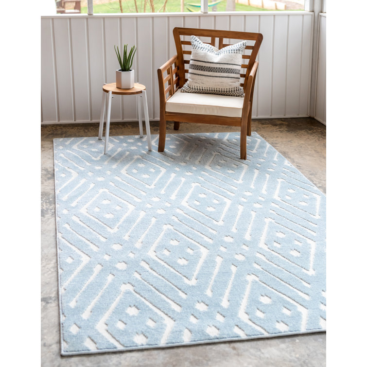 Light Blue Geometric Flat Woven Outdoor Area Rug 5'x8'