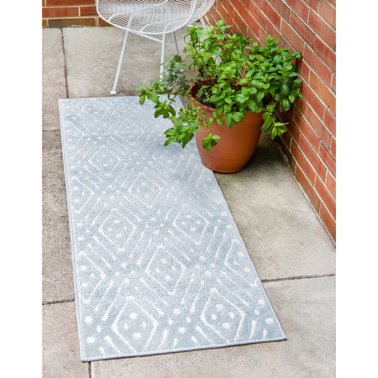 Light Blue Geometric Flat Woven Outdoor Runner Rug