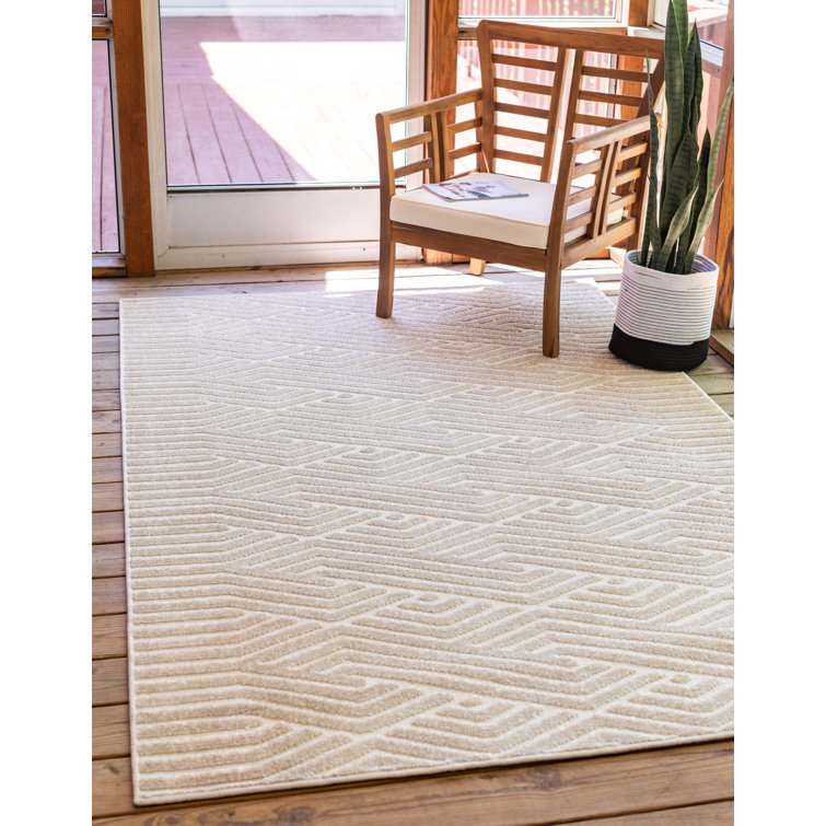 Beige Geometric Flat-Woven Outdoor Rug, 5' x 8', Reversible and Washable