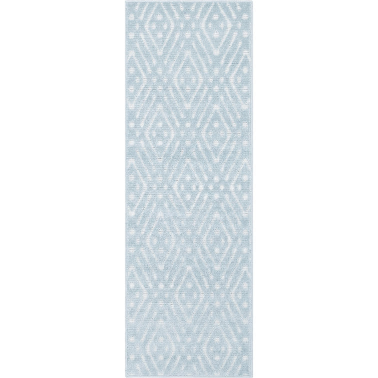 Light Blue Geometric Flat Woven Outdoor Runner Rug