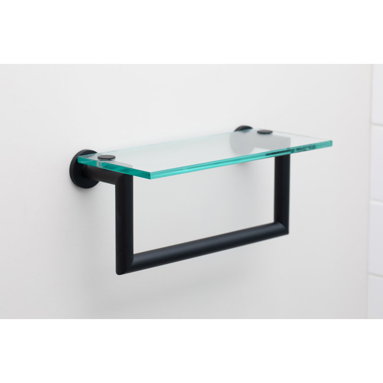 Modern Minimalist Black Glass 12" Shelf with Towel Bar