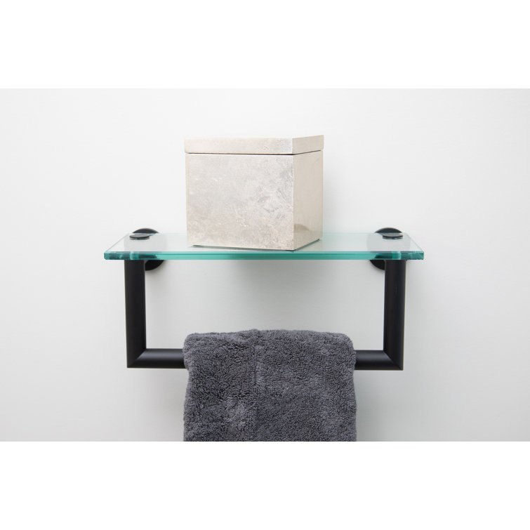 Modern Minimalist Black Glass 12" Shelf with Towel Bar