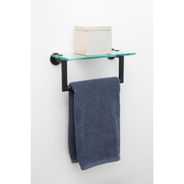 Modern Minimalist Black Glass 12" Shelf with Towel Bar