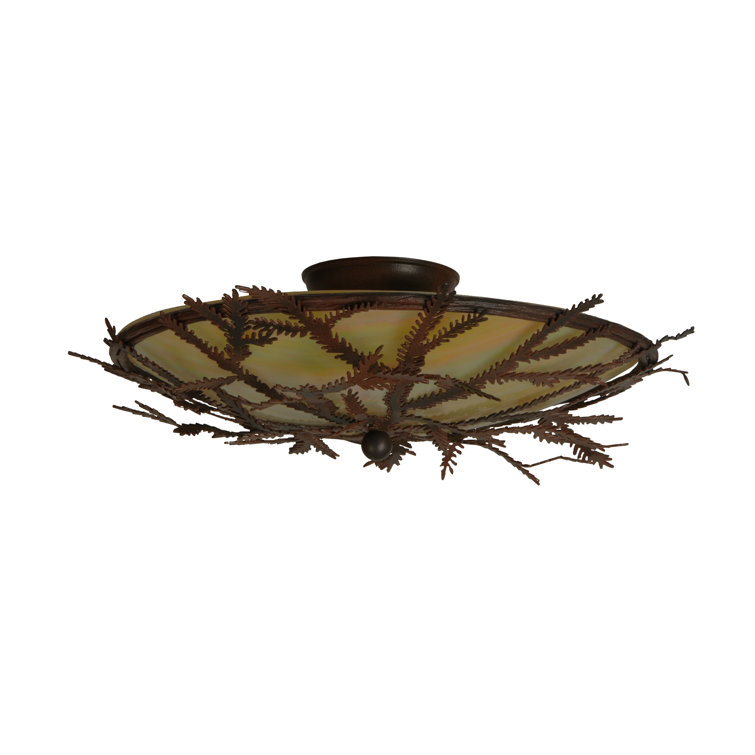 Rustic Bronze and Glass Pine Branch Flush Mount Light