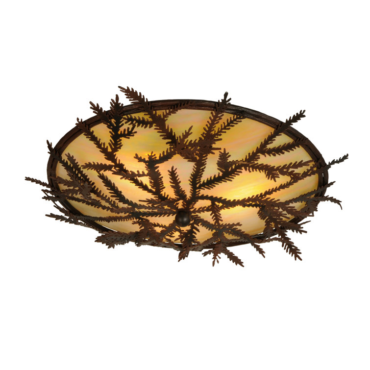 Rustic Bronze and Glass Pine Branch Flush Mount Light