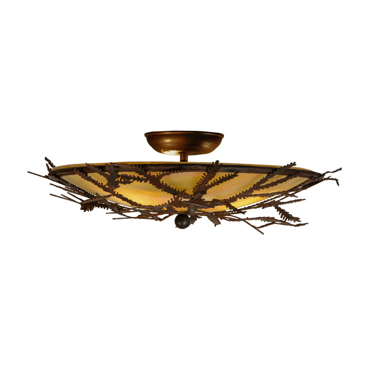 Rustic Bronze and Glass Pine Branch Flush Mount Light