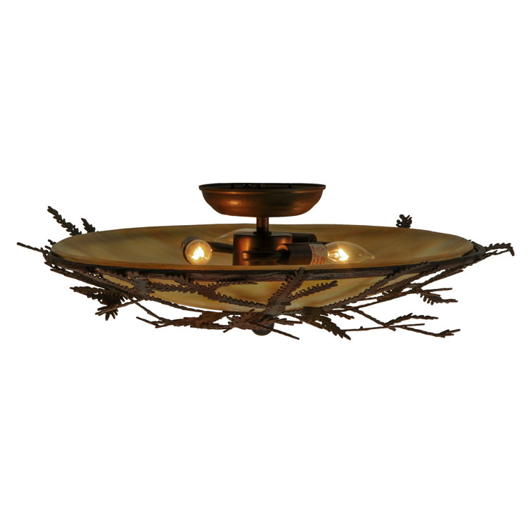 Rustic Bronze and Glass Pine Branch Flush Mount Light