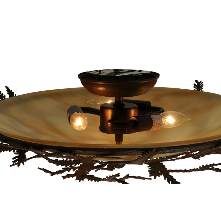 Rustic Bronze and Glass Pine Branch Flush Mount Light