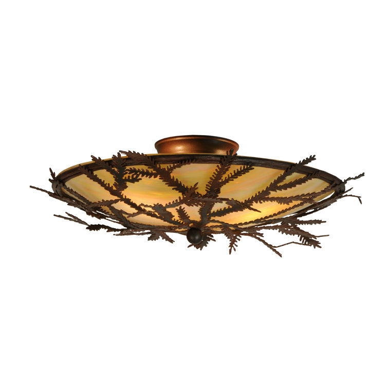 Rustic Bronze and Glass Pine Branch Flush Mount Light