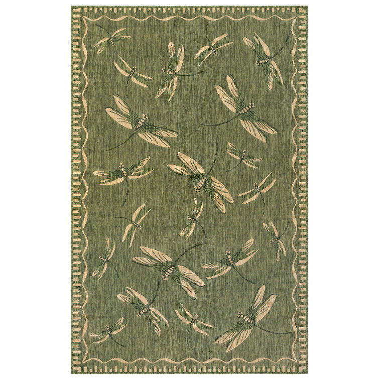 Carmel Dragonfly Green Rectangular Easy-Care Outdoor Rug