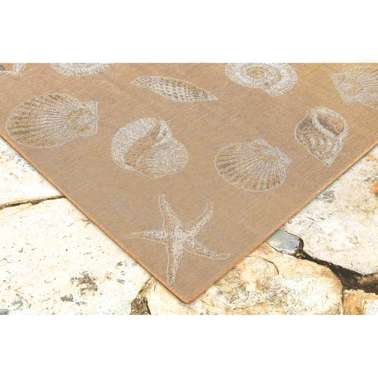Sand and White Synthetic Coastal Rectangular Area Rug