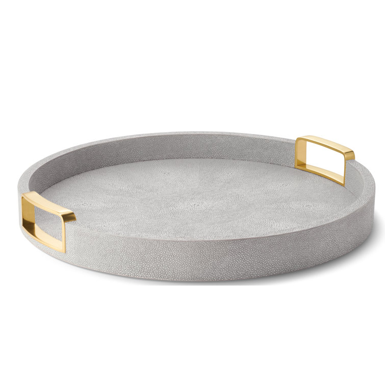 Dove Shagreen Round Tray with Brass Handles
