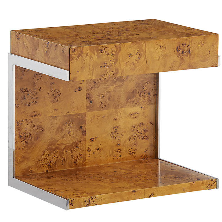 Burled Mappa Wood and Stainless Steel Cantilevered Side Table with Storage