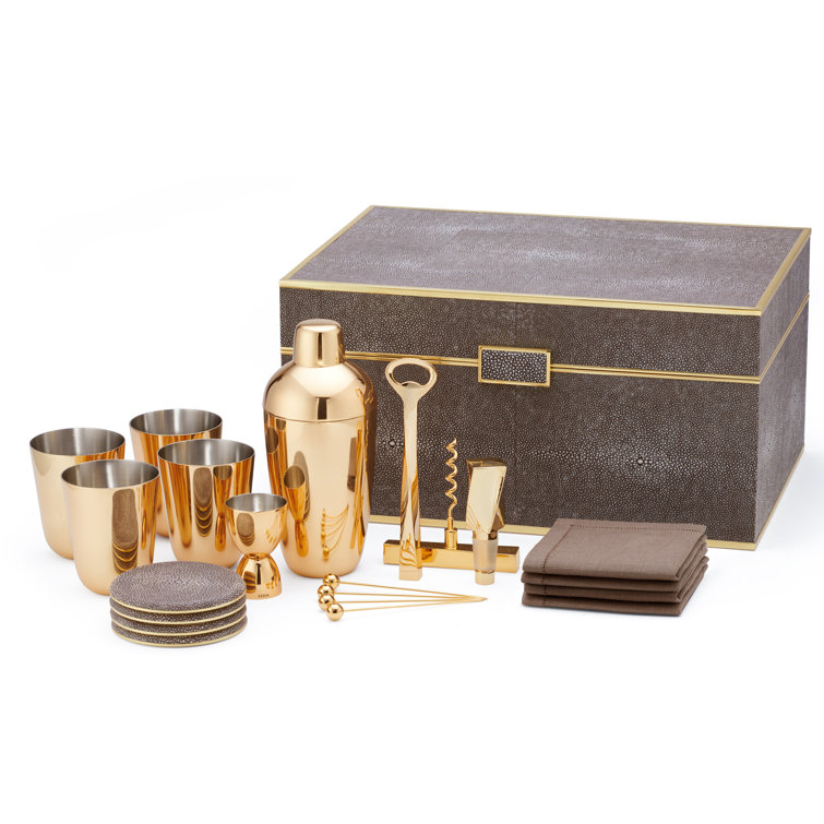 Chocolate Faux Shagreen and Brass Bar Tool Set