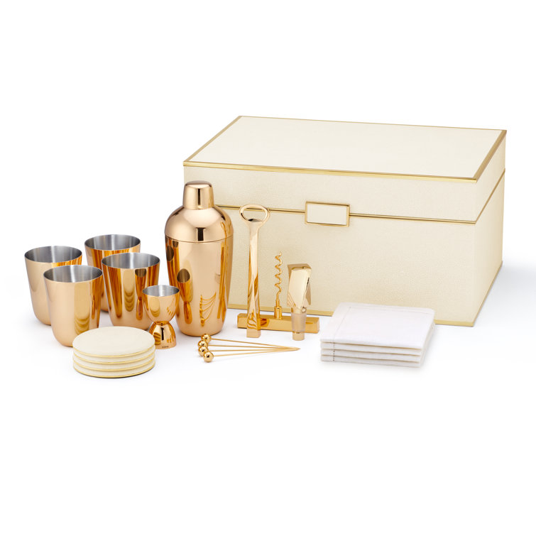 Cream Faux Shagreen Bar Tool Set with Brass Accents