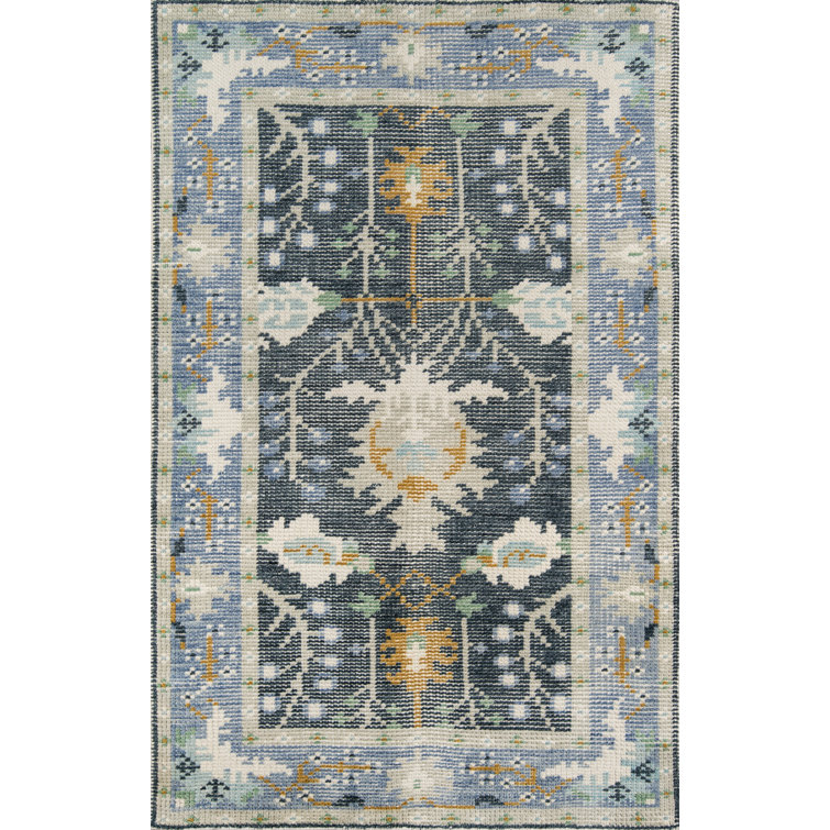 Hand-Knotted Blue Wool and Cotton Rectangular Rug