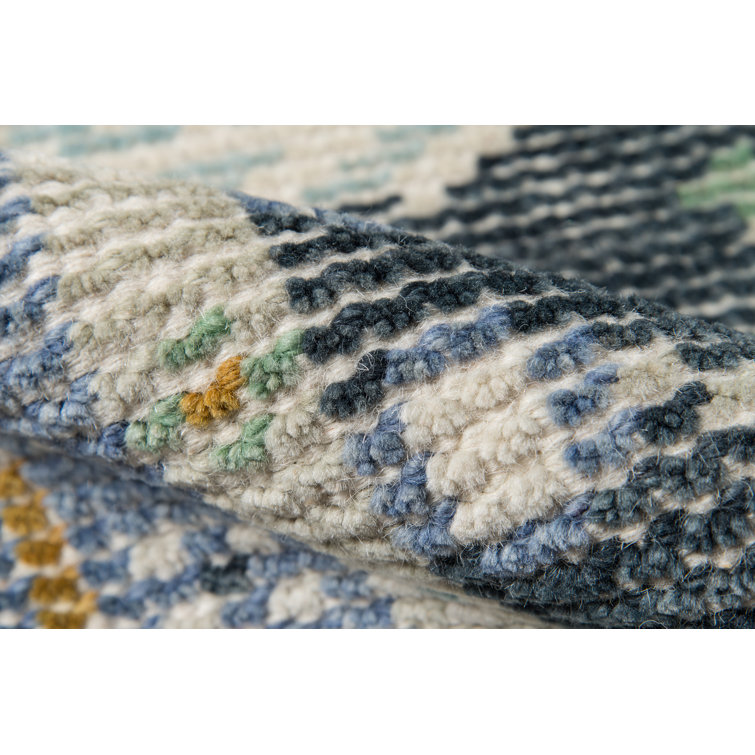 Hand-Knotted Blue Wool and Cotton Rectangular Rug