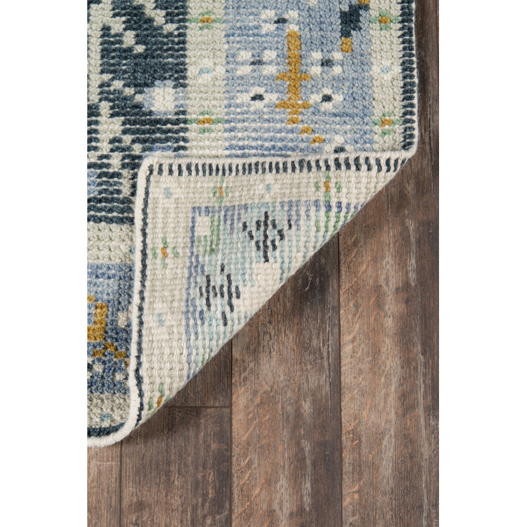 Hand-Knotted Blue Wool and Cotton Rectangular Rug
