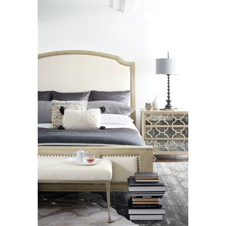 Beige Upholstered Queen Sleigh Bed with Nailhead Trim
