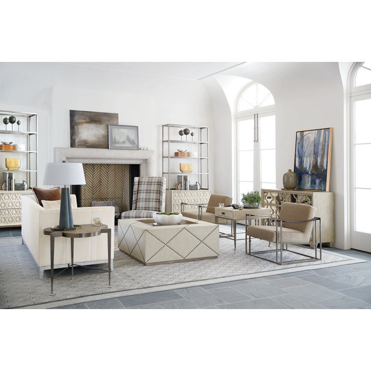 Transitional Sandstone Beige Chairside Table with Vintage Nickel Base