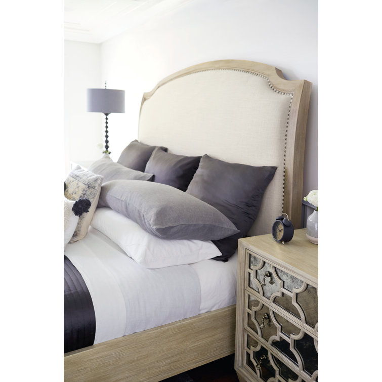 Beige Upholstered Queen Sleigh Bed with Nailhead Trim
