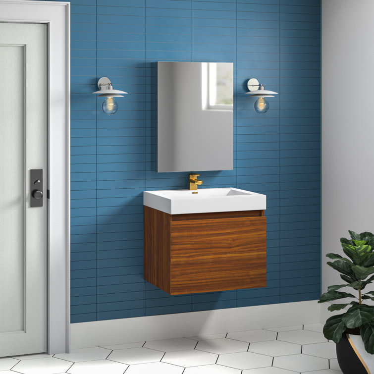 Sleek Teak 24" Wall-Mounted Vanity Set with Integrated Sink & Modern Medicine Cabinet