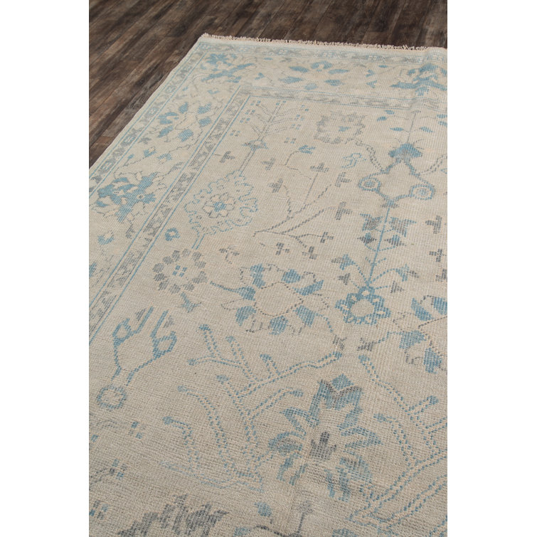 Ivory and Blue Hand-Knotted Wool Area Rug 2' x 3'