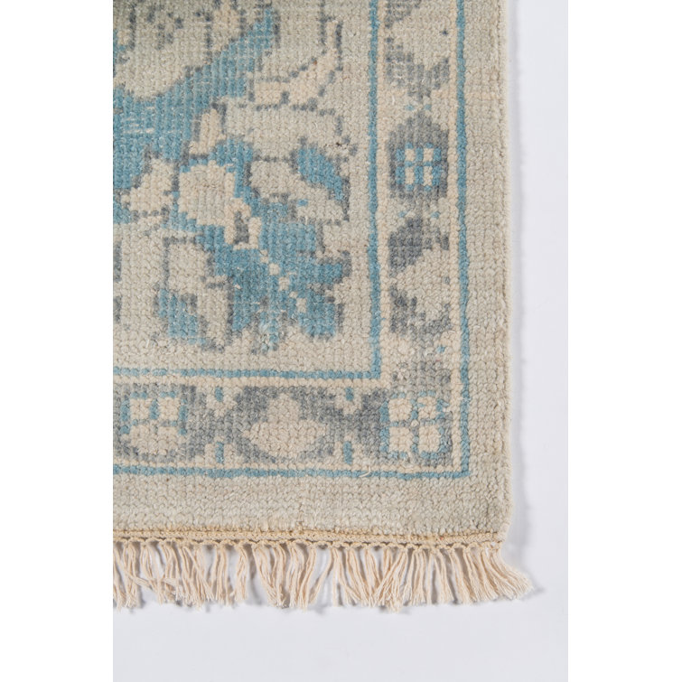 Ivory and Blue Hand-Knotted Wool Area Rug 2' x 3'