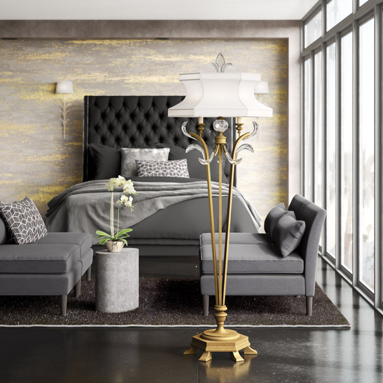 Elegant Silver Leaf 72" Floor Lamp with Laminated Silk Shade and Crystals