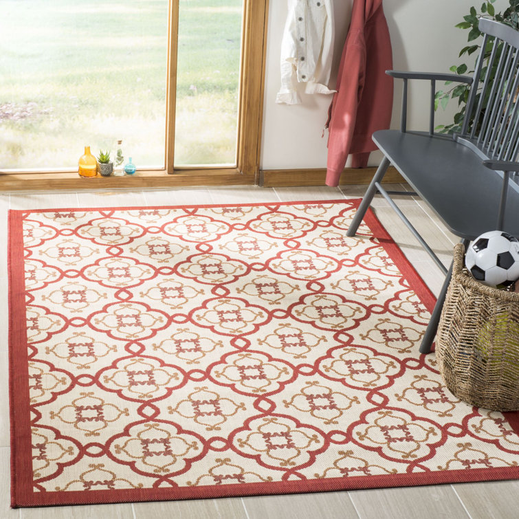 Bougainvillea Red and Beige Geometric Tufted Handmade Rug