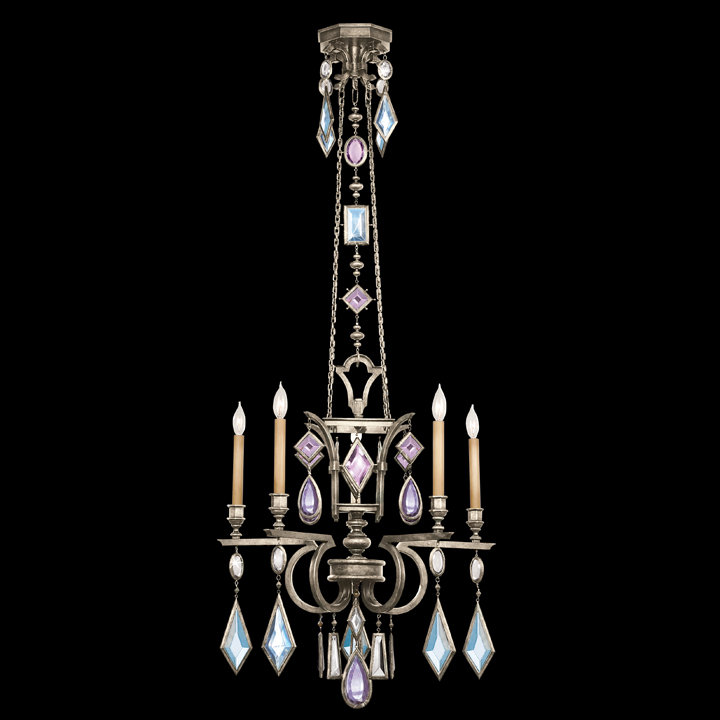 Vintage Silver Leaf 5-Light Chandelier with Crystal Gems