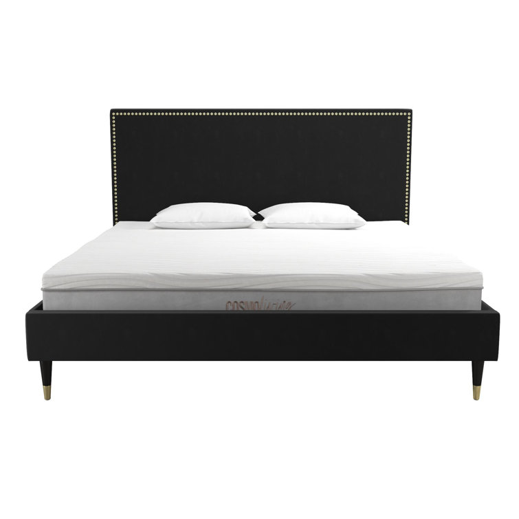Audrey King Black Velvet Upholstered Platform Bed with Nailhead Trim