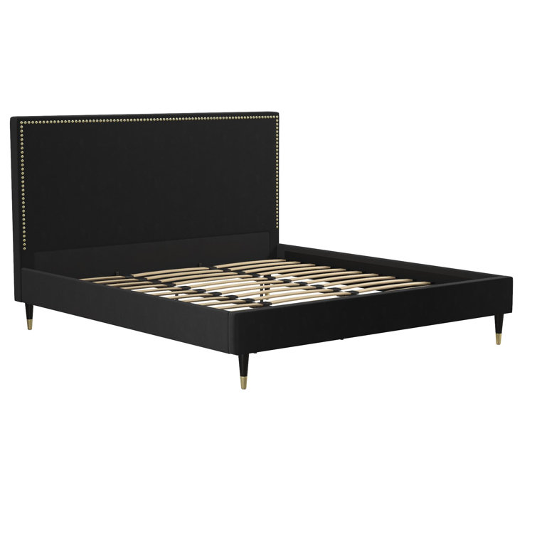 Audrey King Black Velvet Upholstered Platform Bed with Nailhead Trim